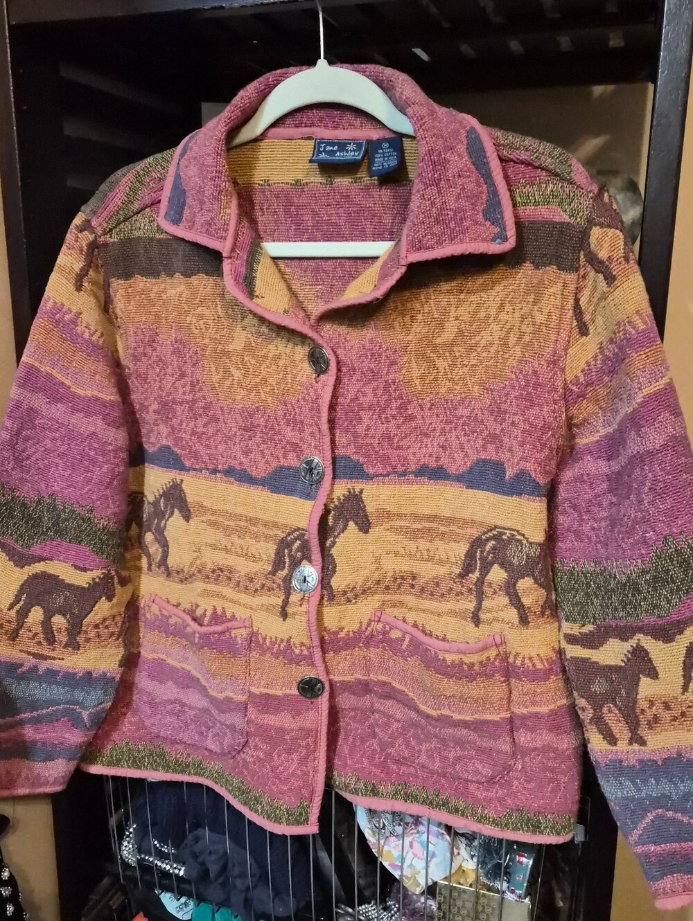 Jane Ashley Tapestry Southwestern Horse Coat Knit Jacket Women's Medium